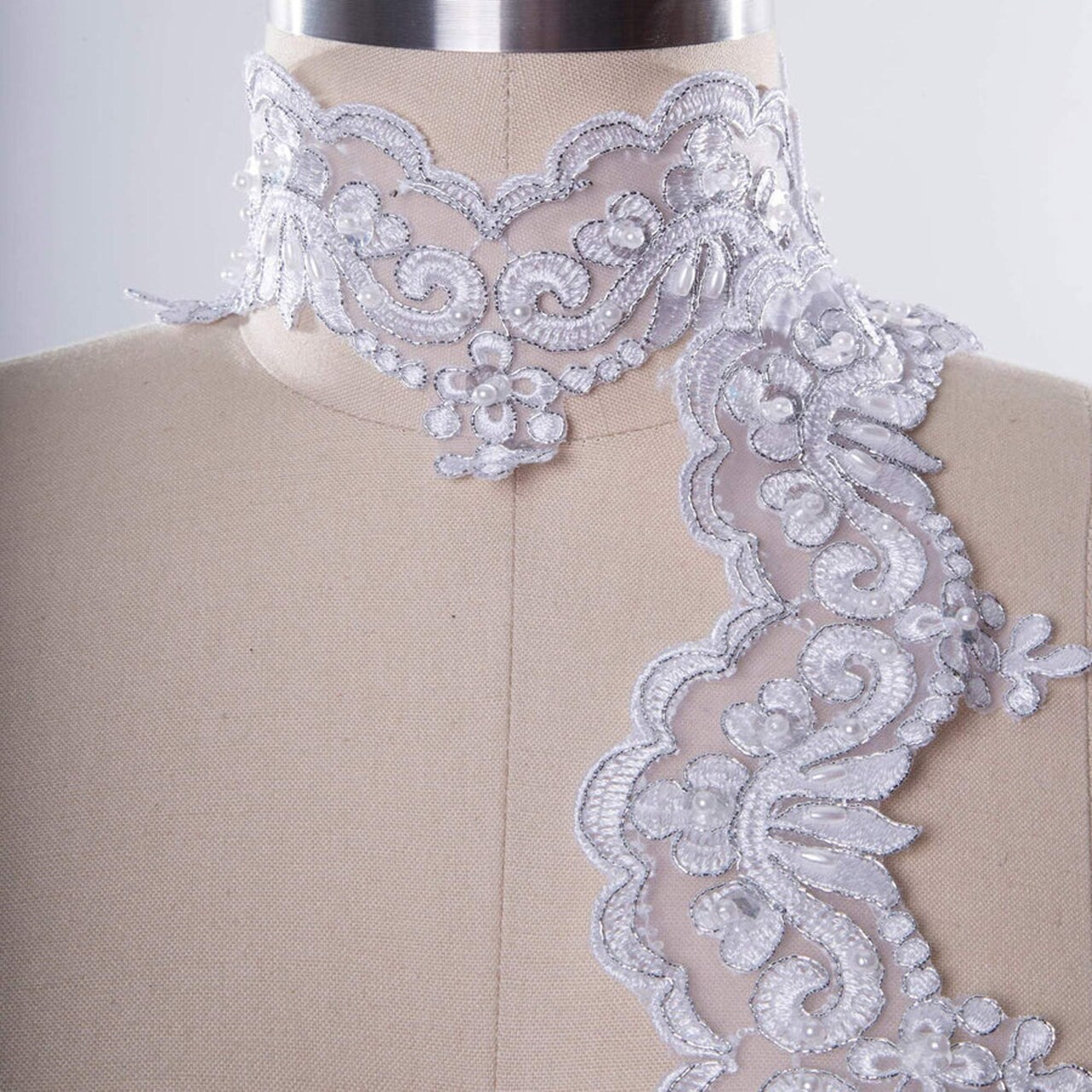 1 Yard 2.5 Inch Silver Bridal Lace Trim with Pearls and Sequins